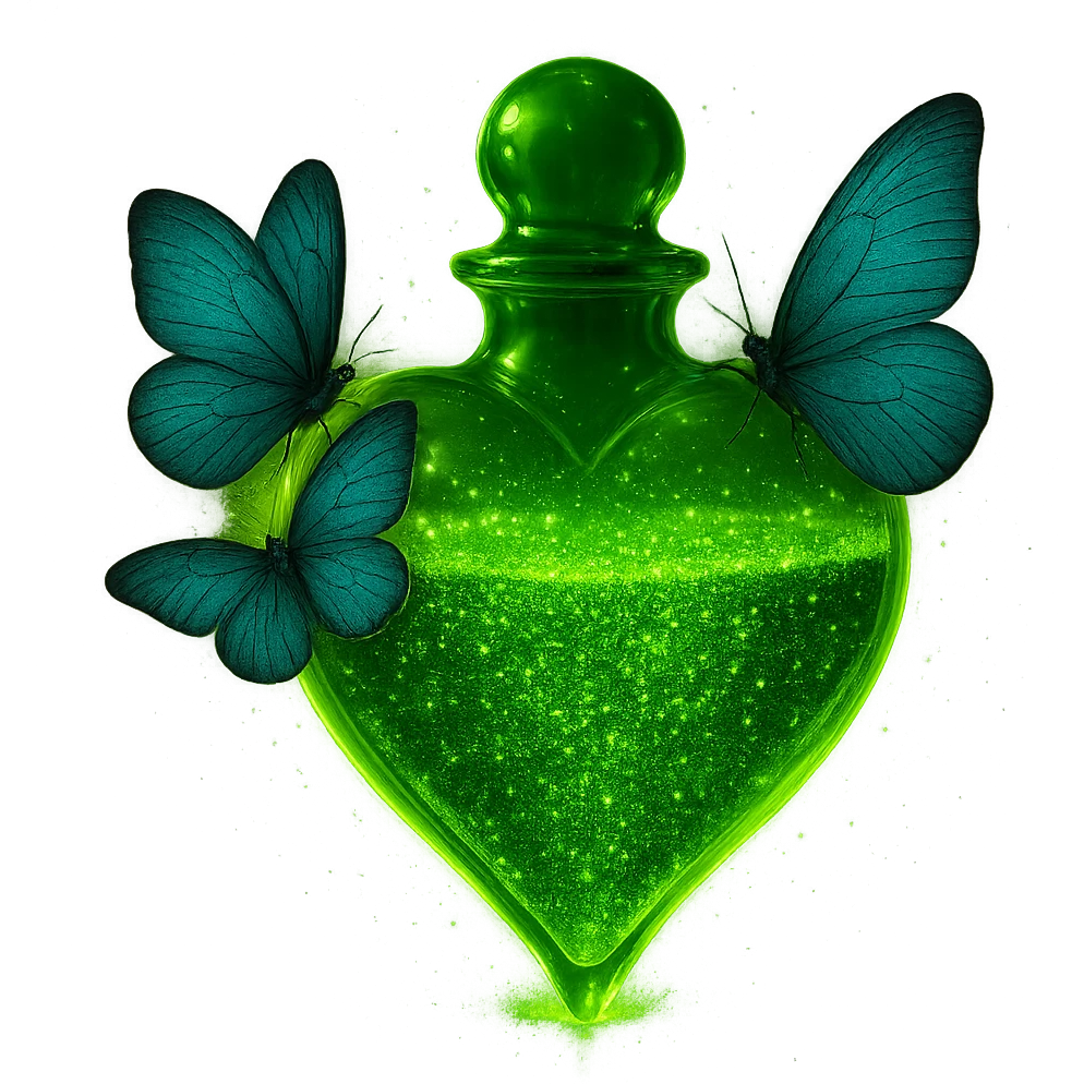 Transform the referenced image into a beautiful, realistic 3D heart-shaped bottle with a luxurious, neon green glittering liquid inside. The bottle should have a strong glowing aura, two butterflies sitting naturally on the bottle, and magical sparkling dust around it. The style must be impressive, elegant, and photorealistic. The background should be transparent (PNG). emoji