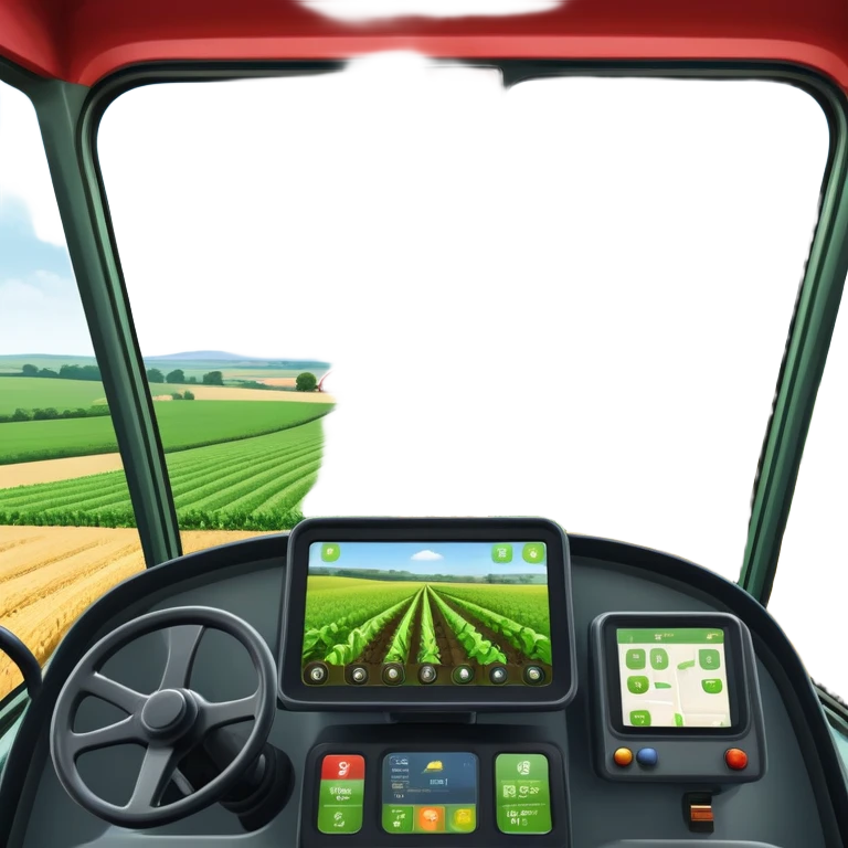 a view from the tractor cabin, with the dashboard in focus, overlooking a vibrant rural landscape. Inspired by Farming Simulator 22, the scene includes fields, crops, and distant barns under a bright sky. The design highlights the immersive experience of farm management. transparent background emoji