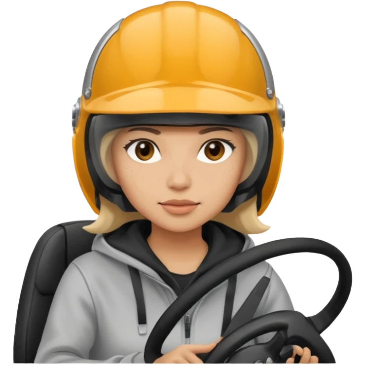["Light-skinned female driver, wearing a hoodie and helmet, behind the wheel."] emoji