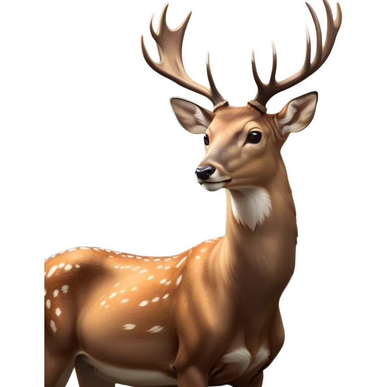 Cinematic Noble Deer Portrait Emoji, Poised and regal, with a graceful, slender build and a dappled Fur of warm browns and creams, elegant antlers crowning its head, deep-set soulful gentle eyes, Simplified yet sharp and sophisticated features, highly detailed, glowing with a soft, dignified glow, high shine, intelligent and serene, stylized with an air of forest majesty, focused and attentive, soft glowing outline, capturing the essence of a watchful woodland guardian, so majestic it feels as though it could gracefully leap out of the screen with effortless authority! emoji