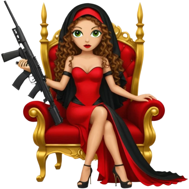 Drug dealer female green eyes symbol.  hair is brown curly long hair. sexy long with long red and black dress and mouth veil cover on that covers her mouth and neck only. black stiletto platform high heels shoes on. Holding sniper rifle sitting on a gold throne. emoji