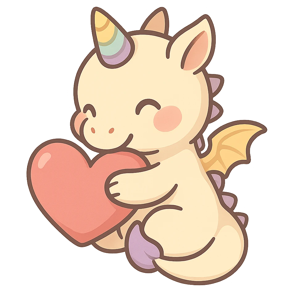 mythical emote showing care and affection, warm and friendly, small dragon or unicorn giving a hug or holding a heart, magical vibe, suitable for sending to a friend emoji
