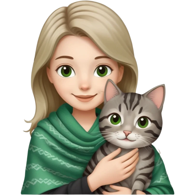 White girl wearing cute green shawl holding a black grey tabby cat while smiling emoji