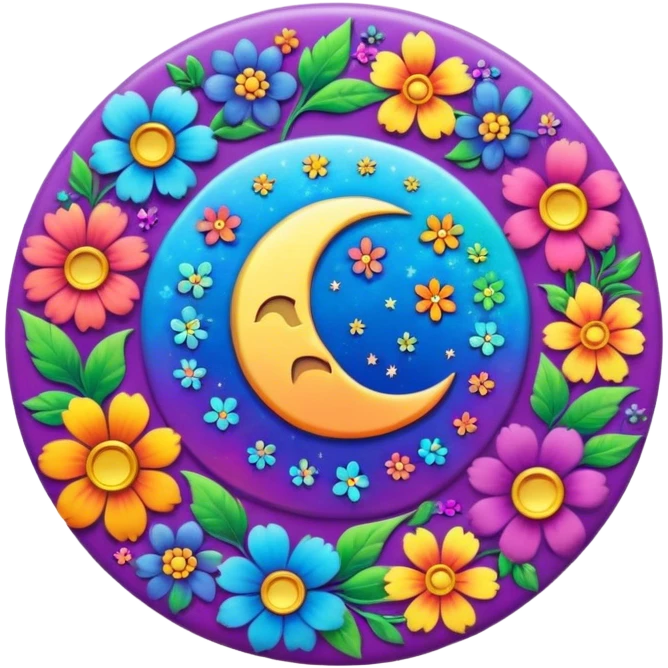 A round psychedelic colored button with a rainbow colored damask style moon and hippie flowers in the center emoji