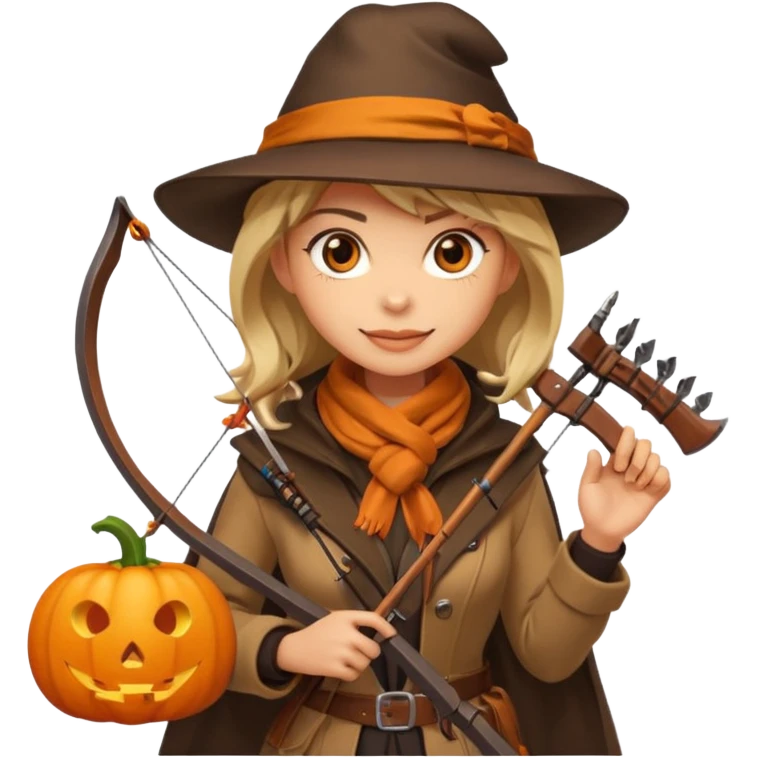 female human monster hunter emoji, wearing brown coat and hat, holding crossbow, soft smile, scarf, glowing pumpkin by her side, Halloween fantasy style, clean vector Apple emoji look, bright colors, white background, square emoji