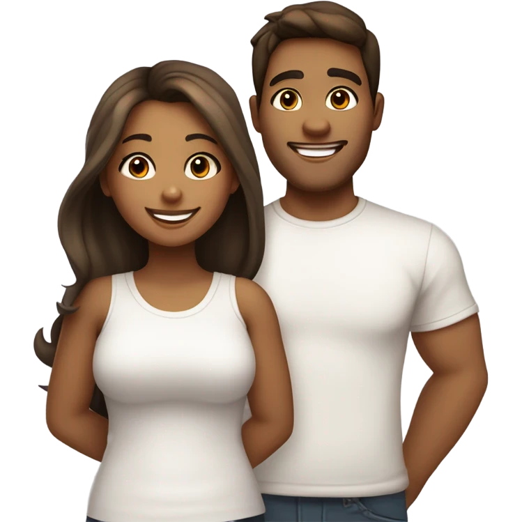 A couple of friends. One light brown girl with dark long hair and some Honey highlights and her chubby mid tone skin male friend with a side left hair and a he is  little chubby. Both with white tshirts and close to each other and happy. Be a cute emoji  emoji