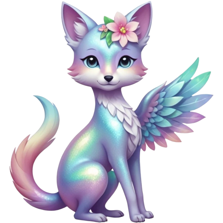 Multicolored sparkly shiny ethereal pastel iridescent light pale cute adorable pretty feminine elegant realistic floral exotic Falvie-Fionbri-fursona, full body emoji