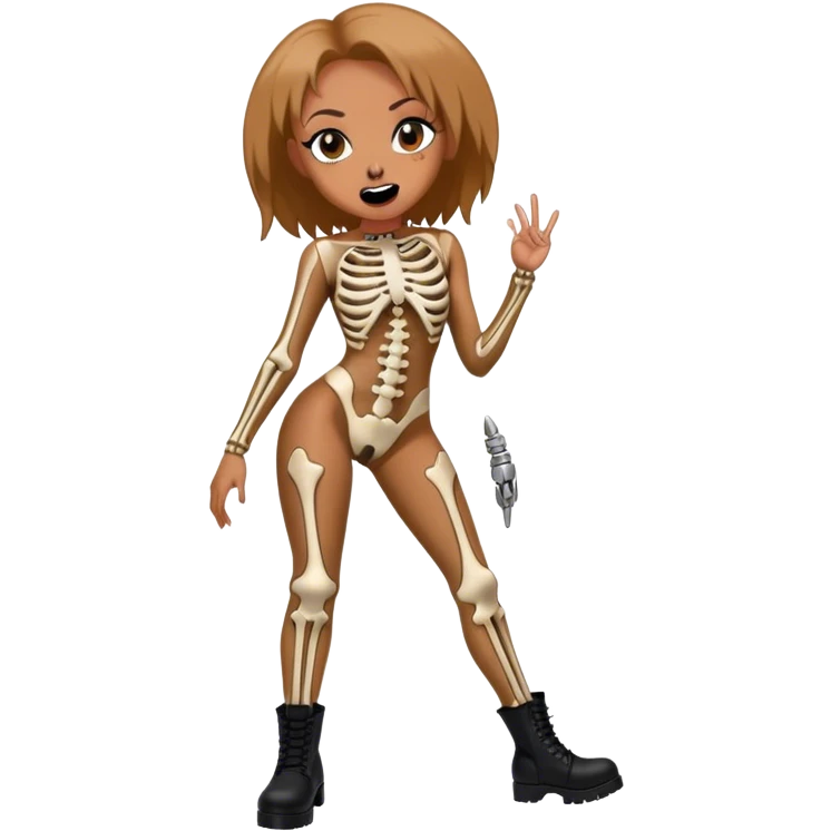 Melanie Brown wearing a tight skeleton bodysuit and black combat boots, showing her tongue ring emoji