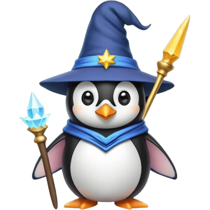 A penguin wizard with a pointy hat and a magic wand emoji