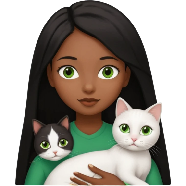 black girl with brown eyes with straight long black hair with a side part.  holding a female white cat. the cat has green eyes emoji