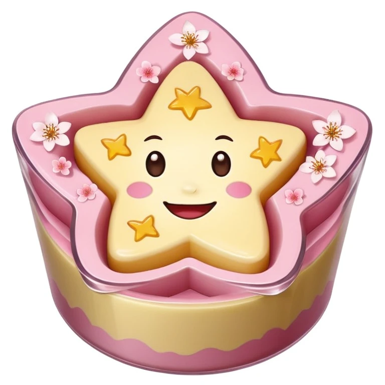 Sakura pudding shaped like a star with a face and cherry blossom decoration emoji