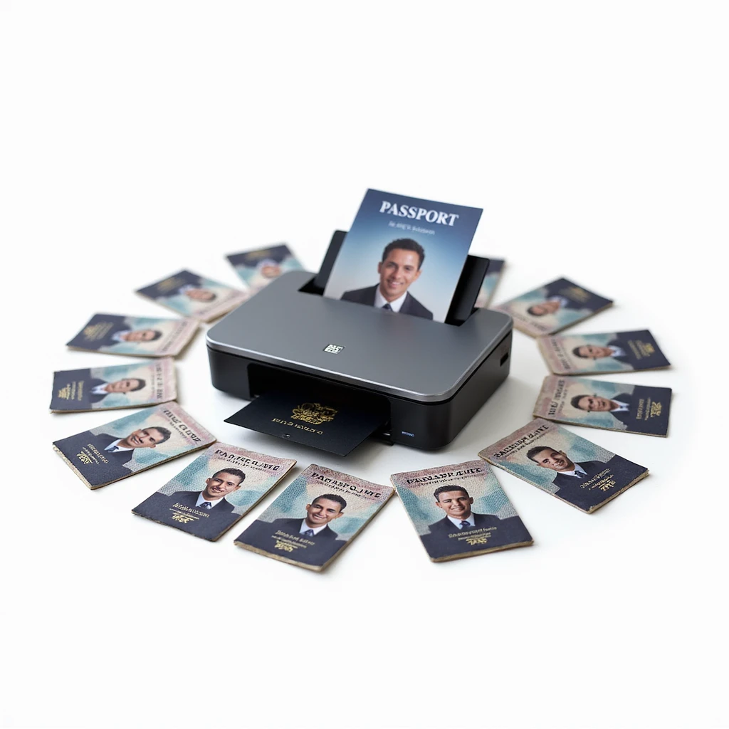 realistic thumbnail for a passport photo printing service, featuring a printer surrounded by many printed passport photos, all clearly visible, on a white background emoji