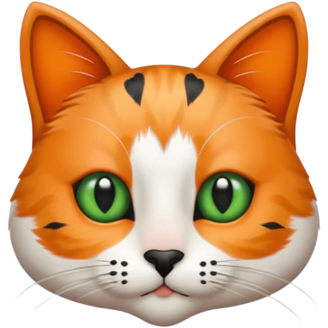 Haz una gata de ojos verdes la cara blanca con mancha negra en las orejas que agarra parte de la frente del lado der pero del iz va desde el ojo hasta la oreja la mancha, tiene la nariz negra en forma de corazón y todo lo que sobra de la cara, barbilla la nariz arriba y el lado de bigotes es blanca emoji