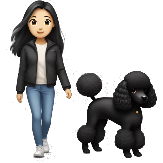 One Korean girl with black long straight hair with one black poodle is walking. emoji