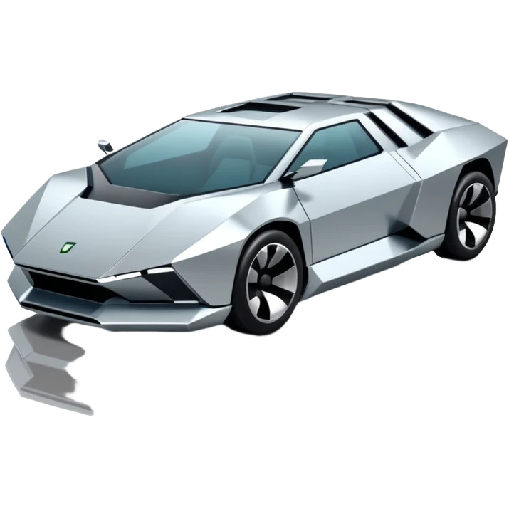 A futuristic chrome car emoji, sharp geometric body design inspired by cybertruck aesthetics, smooth silver metallic surface, matte and glossy chrome mix, minimal details, soft reflections, clean edges, iOS emoji style, centered, clean white background, soft studio lighting, no text emoji