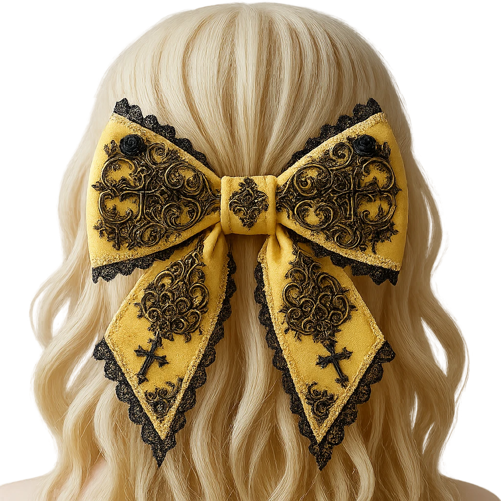 Add more gothic details such as ornate filigree, small black roses, and subtle cross motifs to the pastel yellow gothic bow and matching hair comb. Keep lace and velvet details. Photorealistic style. Keep background transparent if possible. emoji