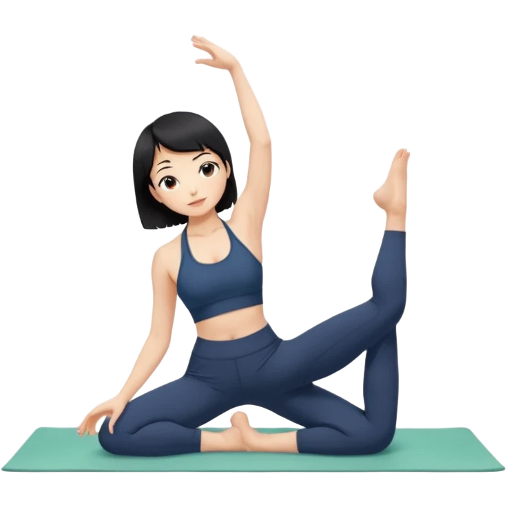 키는 작은편이고 앞머리 없는 단발머리야. 옆머리는 있고 요가를 좋아해. 남색 홀터넥을 많이 입고 민트색 요가바지를 자주 입어. 머리색은 검정색이고 하타요가를 좋아해. 바지색은 연한 연두색이고 요가매트는 카키색이야 emoji