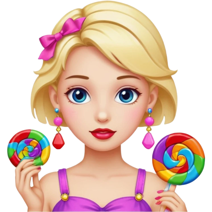 girl with a lot of accessories and earrings made out of candy emoji