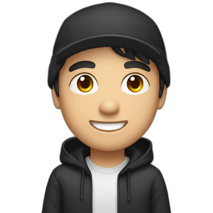 Strong smiling Male caucasian Designer With black hair wearing flat bill hat and black hoodie emoji