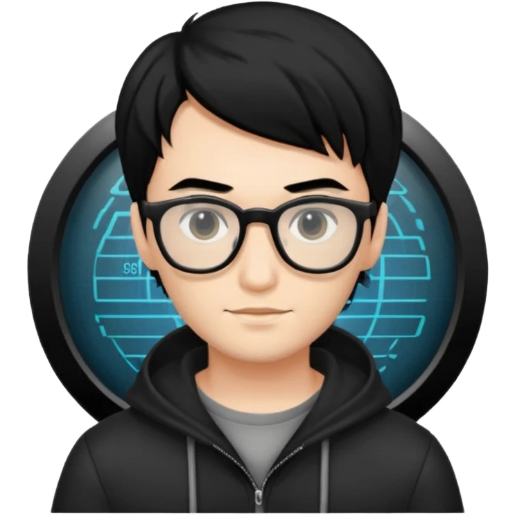 создай парня Айтишника хацкера волосы черные, темный айтишный аутентичный фон сзади emoji