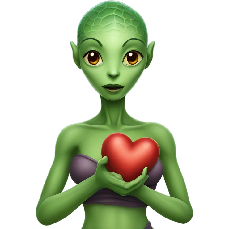a Reptilian alien woman full body, holding big red heart emoji