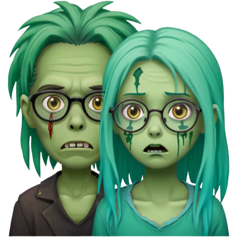 green-skinned, zombie with glasses, a girl with ombre black & teal long dreadlocks and a worried expression with a small wound near its mouth. emoji