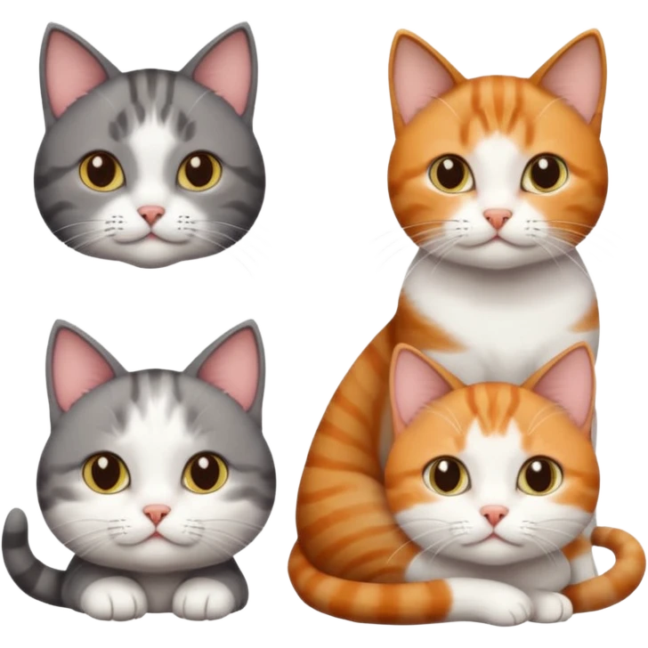 3 different coloured tiny short haired cats, including a dark grey and white cat, and a dark brown tabby and white and a ginger and white emoji
