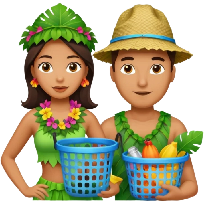 Hawaiian woman man with leaf hat and big trash net and colorful cloth emoji