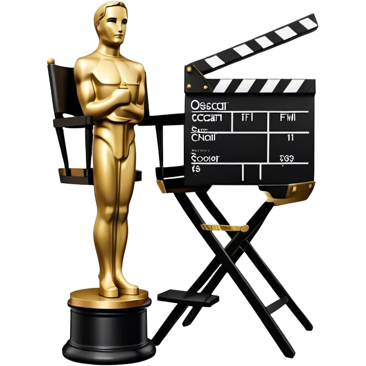 Professional icon for Directing: a collage featuring an Oscar statuette, a film script, a director's chair and a film slate. The icon should represent the excellence and artistry of directing, with a focus on cinematic achievement. Transparent background. emoji