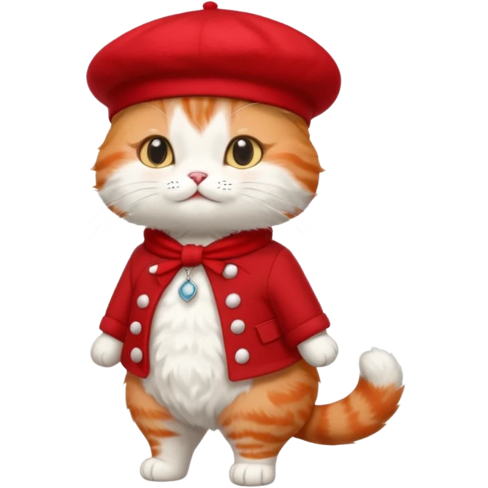 A cute cat emoji, full body, standing in side view, wearing a stylish red beret. emoji