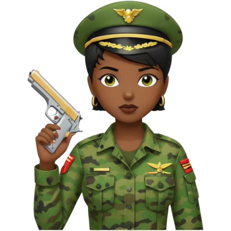 Dark skin Woman marine in green cammies with one handgun short black hair emoji