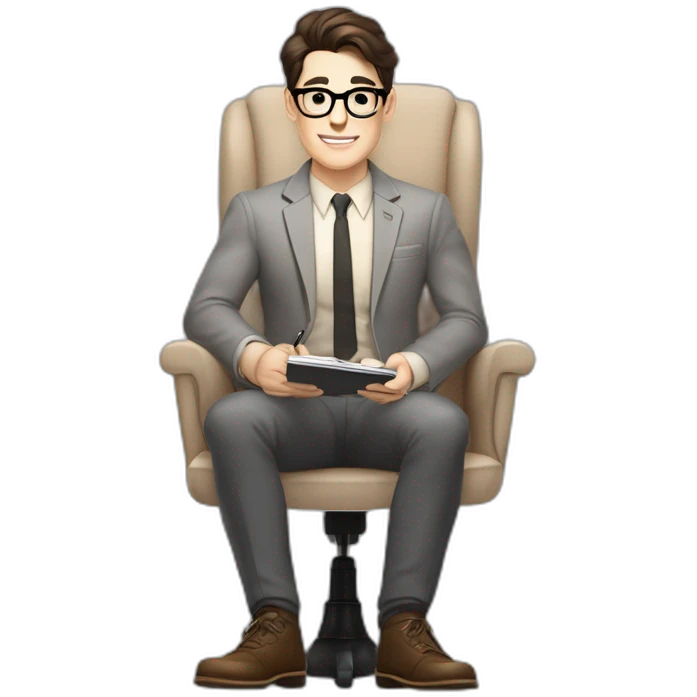 Pale skinned Fit Man With dark brown hair in gray jacket, beige office shirt and vintage glasses sitting In a soft chair with a notebook with emblem Ψ and a pen in his hands emoji
