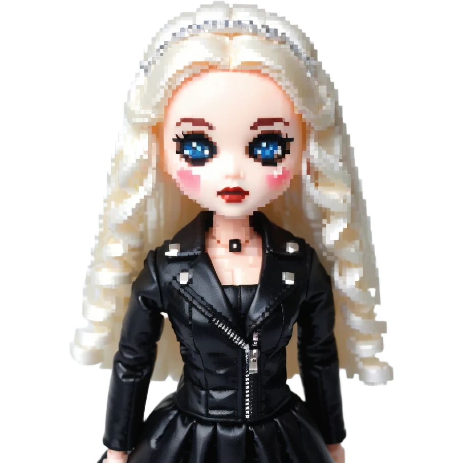 Chucky's bride doll wearing a black dress and black leather jacket, with dark makeup emoji