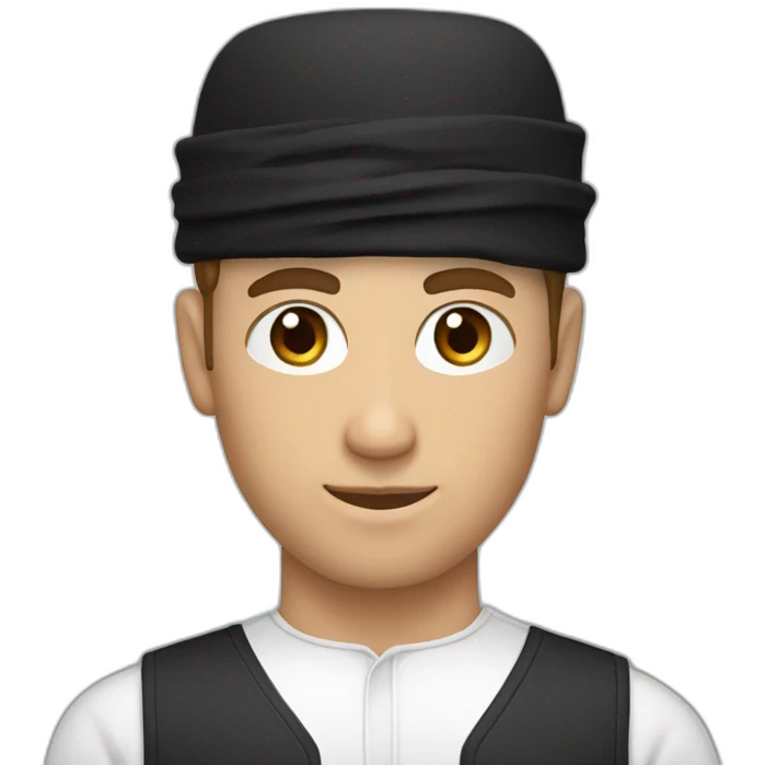 White man wearing black omani musar (head cover), with white top emoji