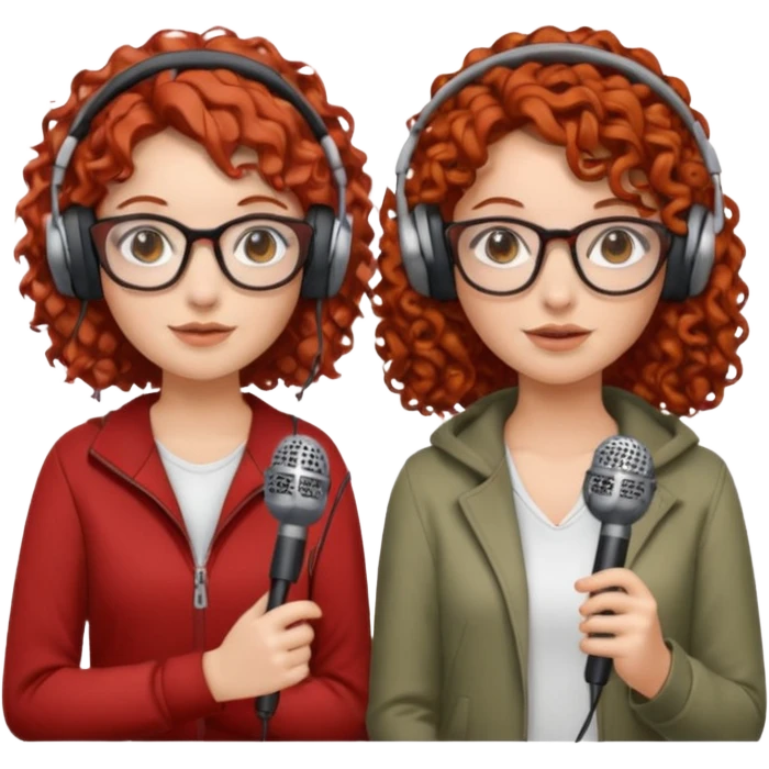 two girls. both white. one with curly red hair and glasses. one with curly brown hair without glasses. there are headphones and microphones for doing a podcast emoji