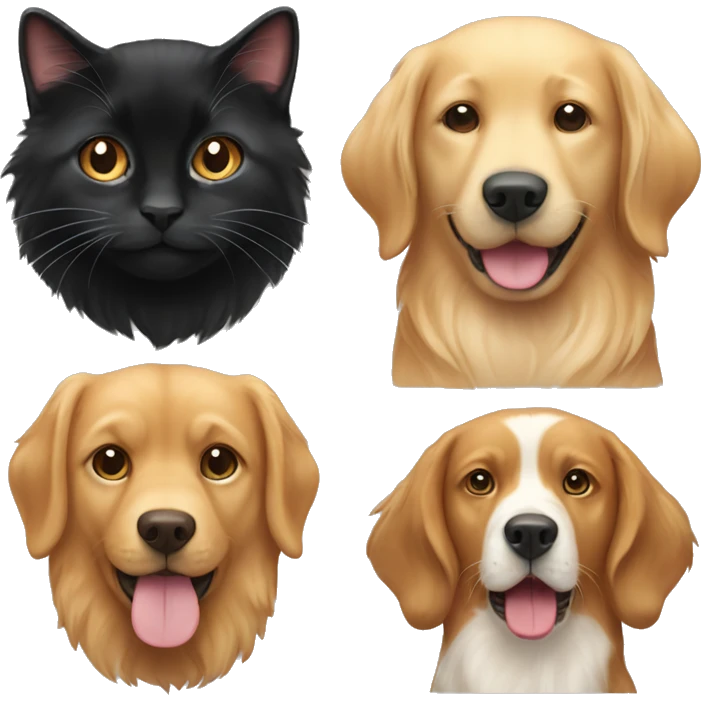 Two black cats, a brown tabby cat and a golden retriever dog  emoji