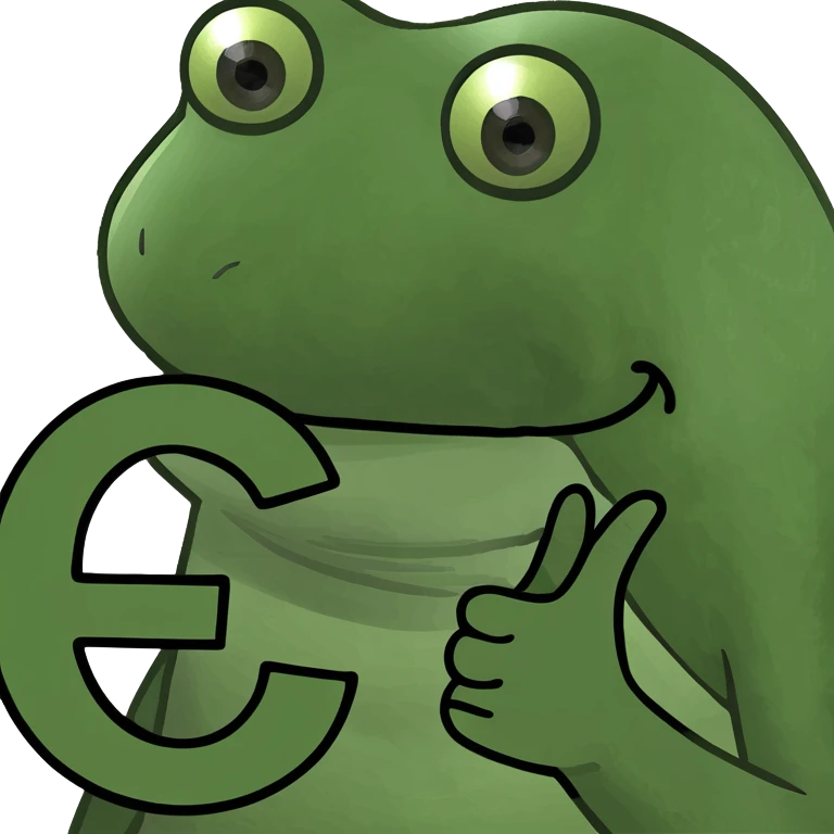 Pepe the frog holding a contemporary logo: a bold 'C' made of four evenly spaced green arcs on a black background, open to the right, modern and fresh. emoji