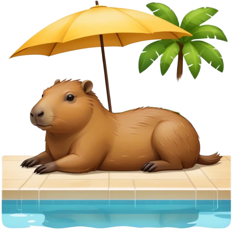 Capybara sunbathing by pool with shade emoji