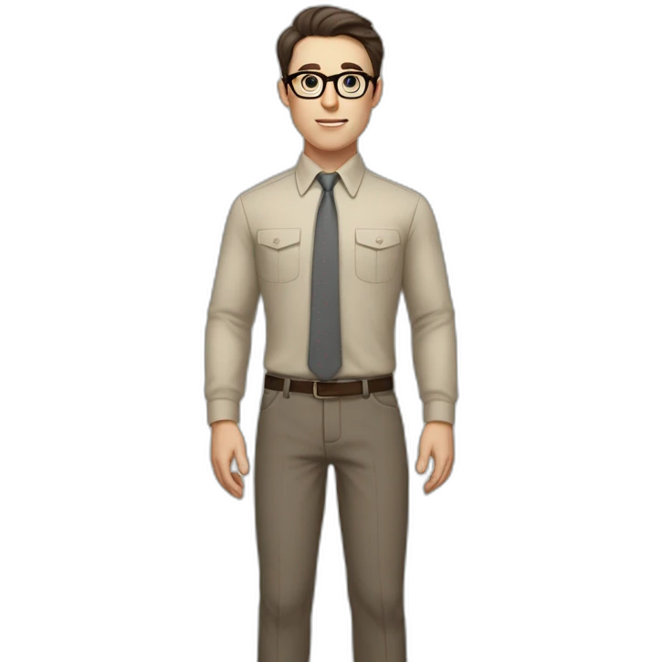 Full height Pale skinned fit man with dark brown hair in gray jacket, beige office shirt, brown tie, brown pants and vintage glasses. His right hand stretched out emoji