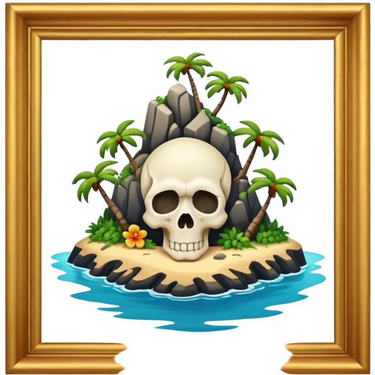 Cinematic 32K HD ultra detailed image of an island in the form of a skull emoji