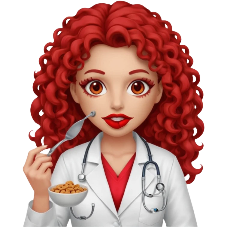 Sensual Spanish Lilith core evil surgeon.red outfit.  Surgeon has red eyes. Her hair is brown long and  curly. wearing a sexy surgeon outfit with platform heels.she is a calculated smart cereal killer. She covers only her mouth and nose to hide identity  emoji