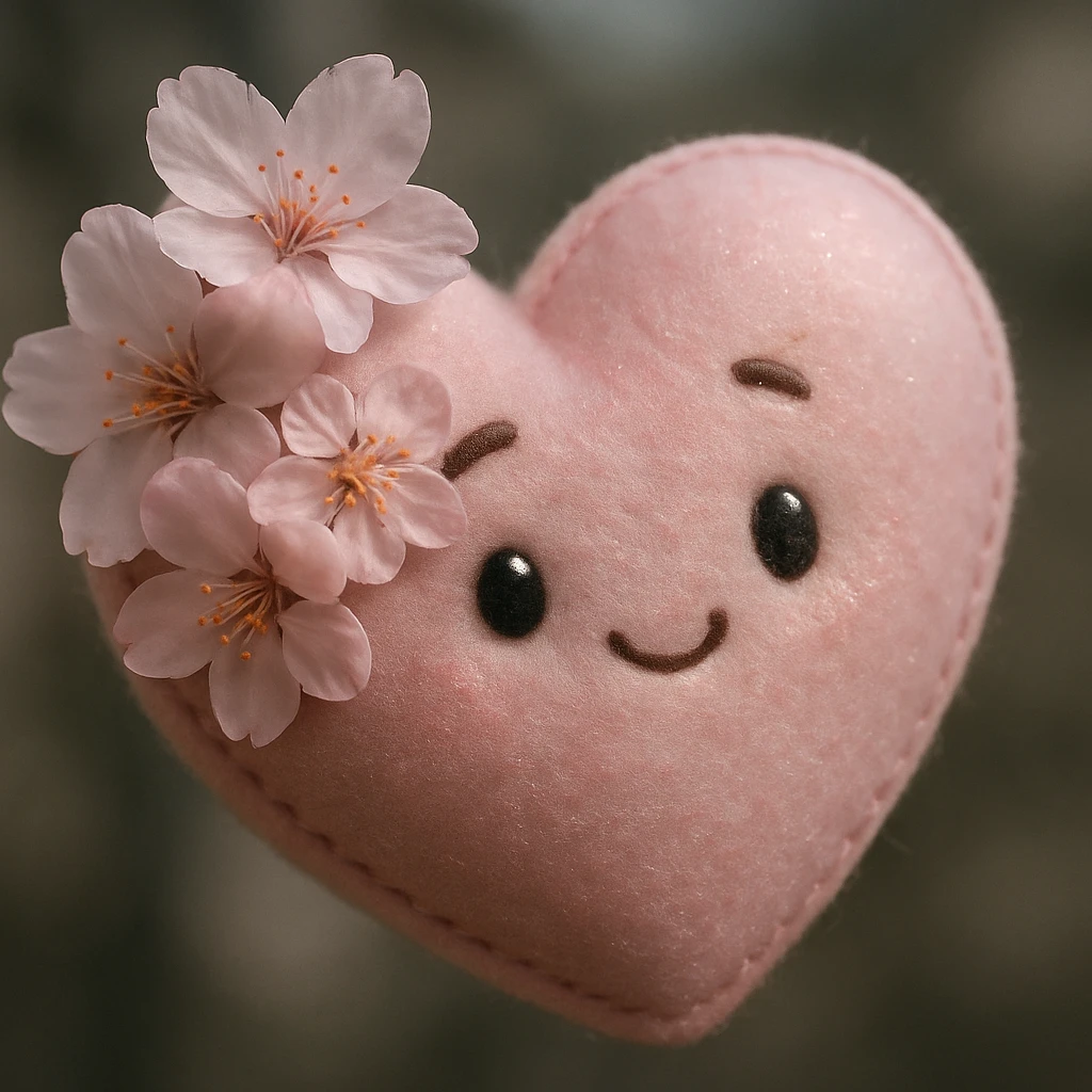 heart with sakura flowers and pink shimmer, plush portrait style emoji