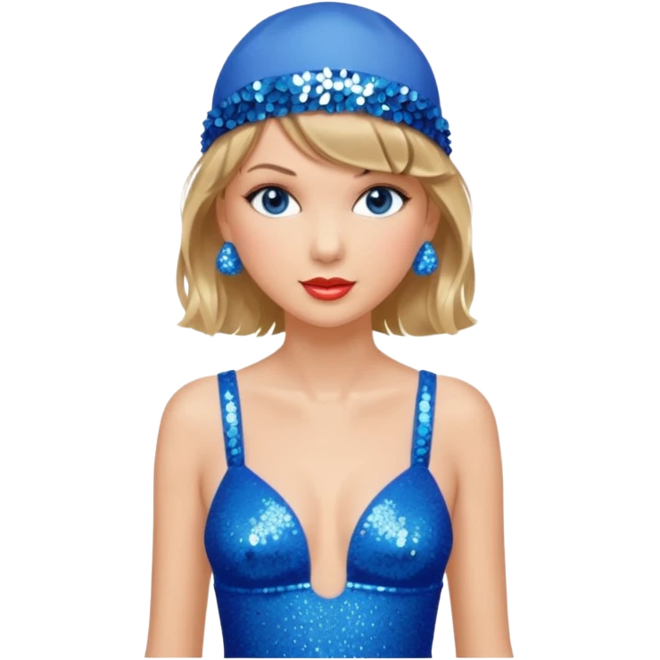 Taylor Swift wearing a blue bathing suit with sparkly sequin straps. She is also wearing a sequin blue swim cap with a sequin strap going under her chin. She has a blue tinsel boa draped over her shoulders. emoji