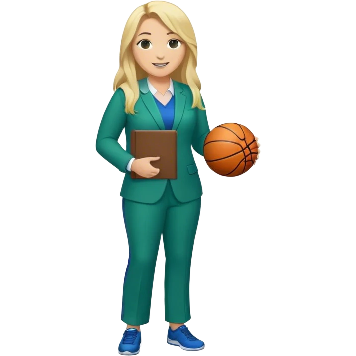 Full Body white plus size female basketball head coach using a clipboard with long blonde hair in a blue and green suit smiling with basketball and clipboard emoji