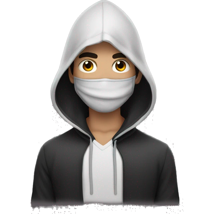 Hooded male portrait, dark hair  face' mask  emoji