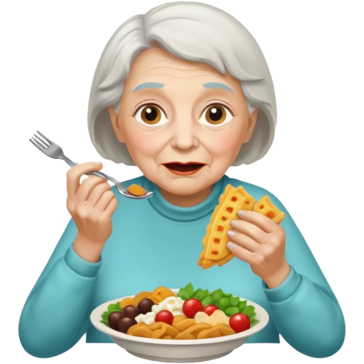 Бабушка кушает много еды emoji