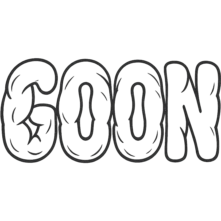 Add some muscle bulges to the word GOON, making the letters appear more three-dimensional and muscular, but still keeping the overall look clean and not overly detailed. No background. emoji