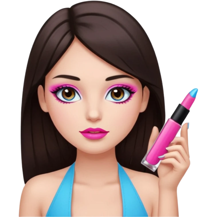 generate a pretty fair bratz girl with dark brown eyes, dark brown hair straight long. Wearing a hot pink halter neck top.  pink lipgloss. light blue eyeshadow emoji