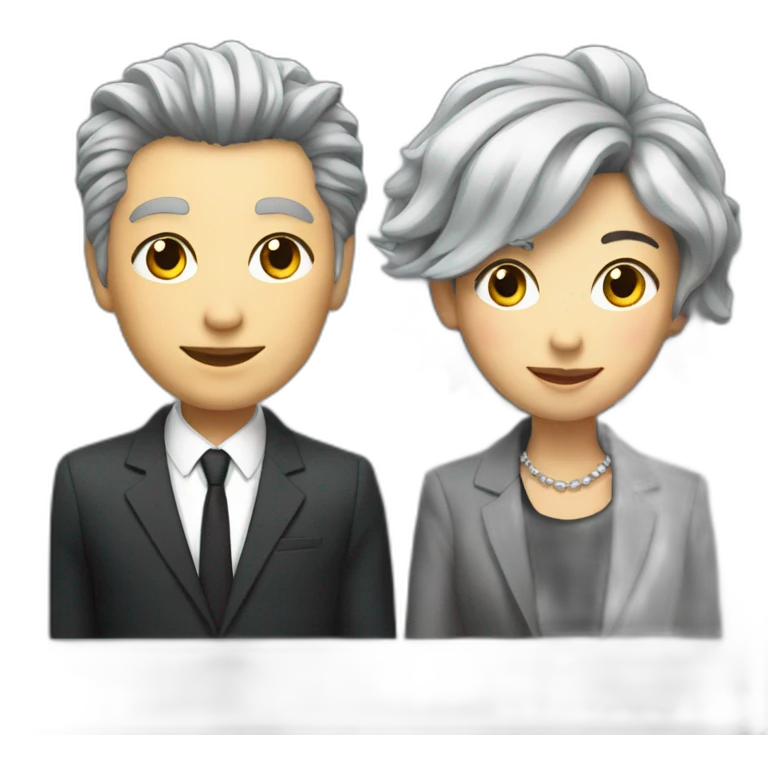 grey-haired, fashionable woman in suit next to punk with mullet, smiling emoji