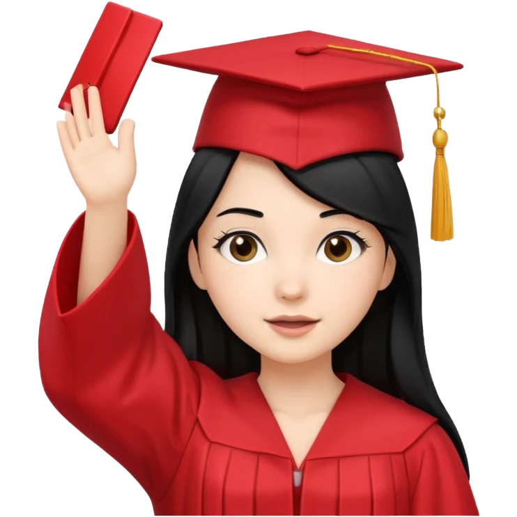 white girl with straight black hair, red graduation cap and gown, throwing cap in the air emoji